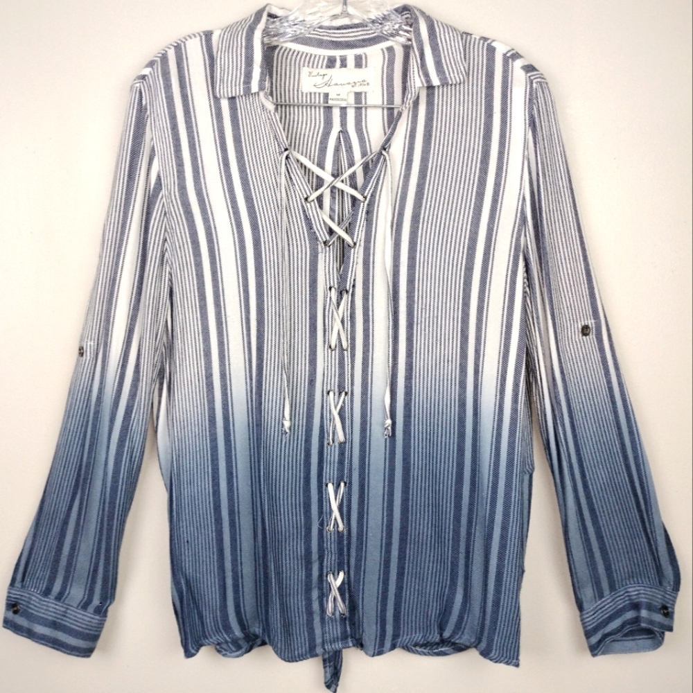 Vintage Havana Dip-Dyed Lace-Up Top in Navy/Blues/White Stripes Sz. M